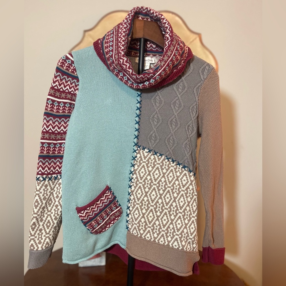 VTG Multicolor Patchwork Cowlneck Tunic Sweater C… - image 1